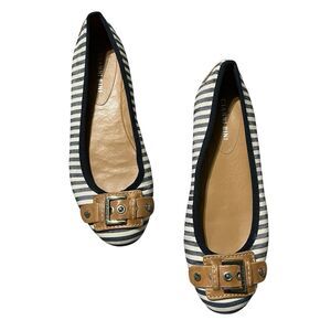Gianni Bini Flats Womens 8.5M Navy White Canvas w Strap Buckle Ballet Shoe